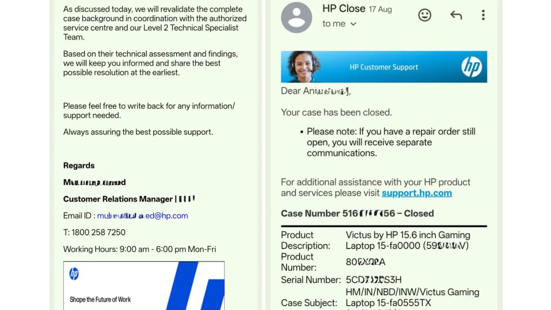 Screenshot of an official email from HP Customer Support regarding a warranty claim case.
