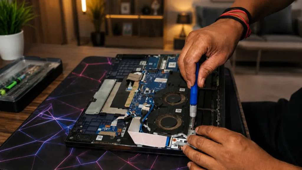 A technician using a screwdriver to inspect and repair a laptop motherboard.