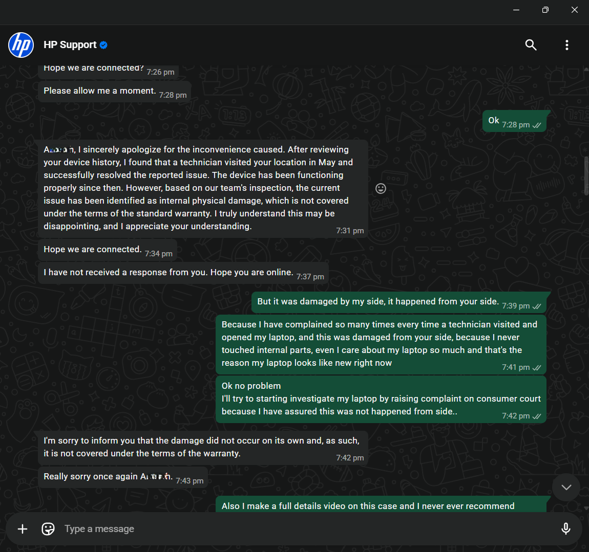 Screenshot of an HP Support chat transcript showing a warranty claim denial for laptop corrosion.